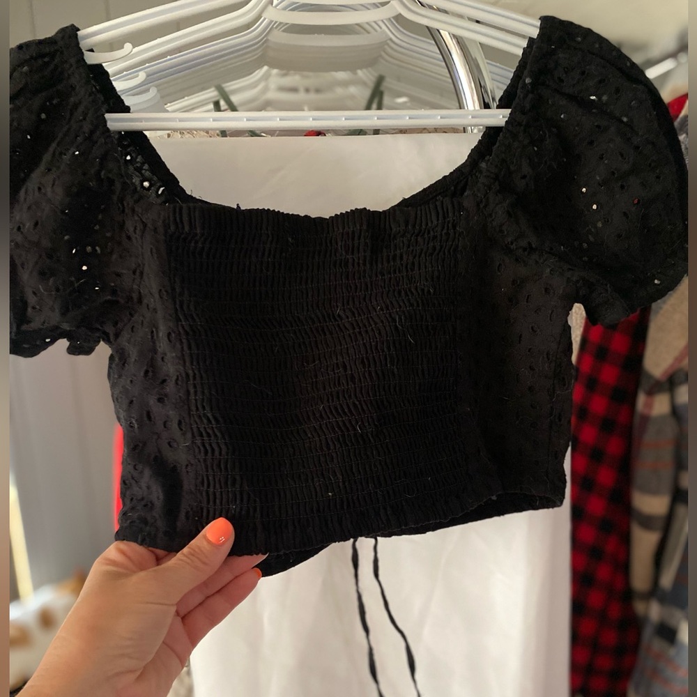 Poof! Black Smocked Eyelet Puff Sleeve Crop Top